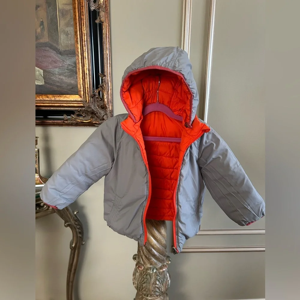 Baby Gap Reversible Orange Gray Puffer Jacket Hooded Winter Coat Toddler 3T